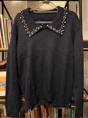 Plus Size Pearl Embellished Navy Blue Sweater